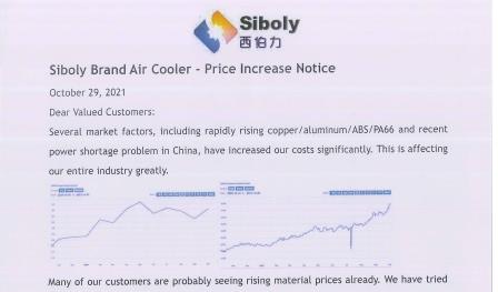 Refroidisseur d'air de marque Siboly - Avis d'augmentation de prix